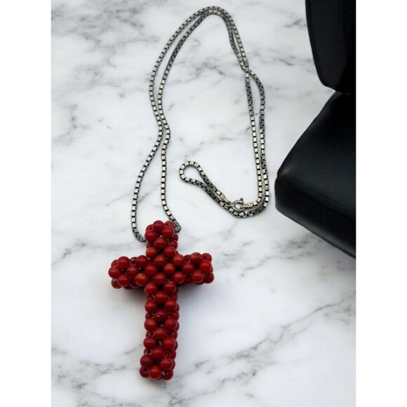 Vintage Red Beaded Cross Pendant Necklace with 925 Silver Chain Italy Religious - Picture 1 of 8